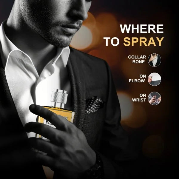Man holding a perfume bottle with instructions on where to spray it.